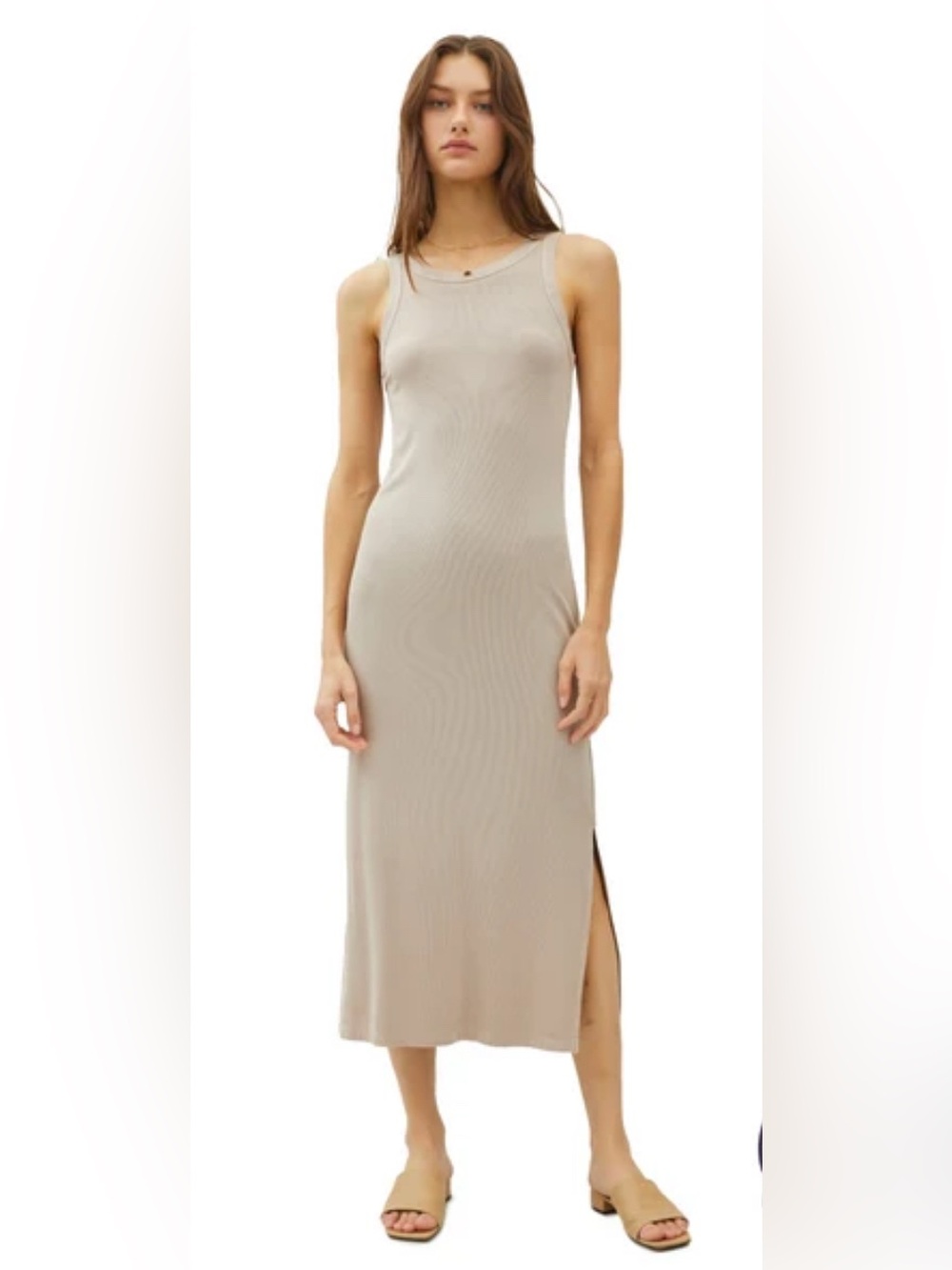 DKNY Sleeveless Ribbed Midi Dress in Taupe